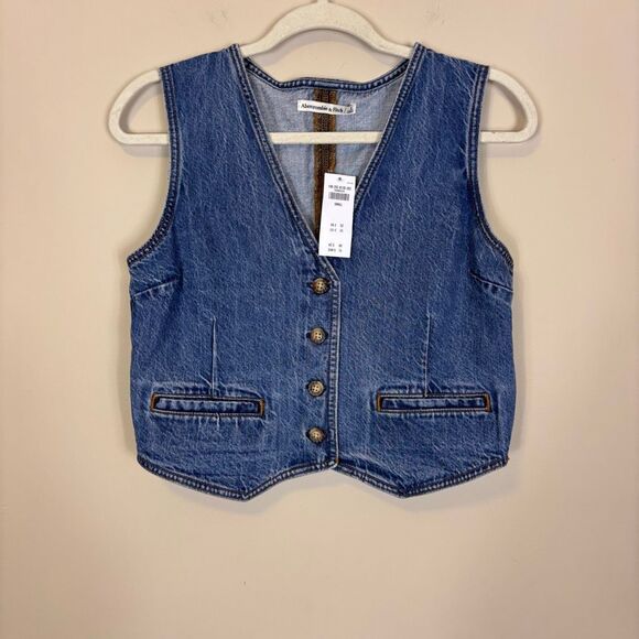 New Abercrombie & Fitch Denim Cropped Button Front Vest Tank Small - Picture 1 of 5